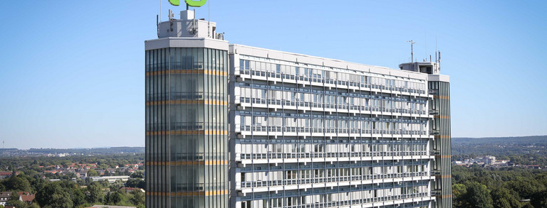 The Math Tower with the logo of TU Dortmund University on top of it