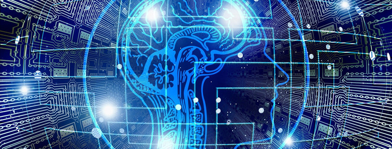 Auf blauem Hintergrund ist mit weißen Linien ein Gehirn gezeichnet und ein Netzwerk ist aus weißen Punkten dargestellt.